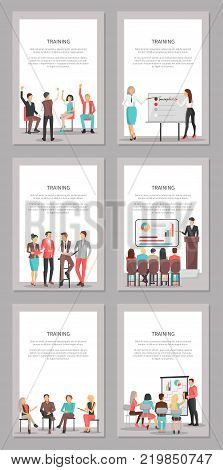 Set of business meeting trainings, leader with pointer showing graphics and schemes and workers listen to him vector illustration isolated on white