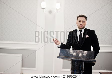 Man Well Dressed Politician Speaking Behind The Podium, Public Speaker Character.