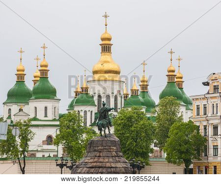 Historic monument of famous Ukrainian Hetman Bogdan Khmelnitsky on Sofia square in Kiev, Ukraine, Europe