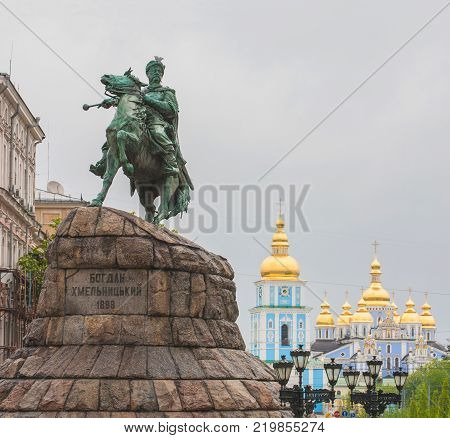 Historic monument of famous Ukrainian Hetman Bogdan Khmelnitsky on Sofia square in Kiev, Ukraine, Europe