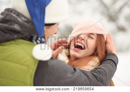 Cool jokes outside. Couple behaiviour Like in childhood.