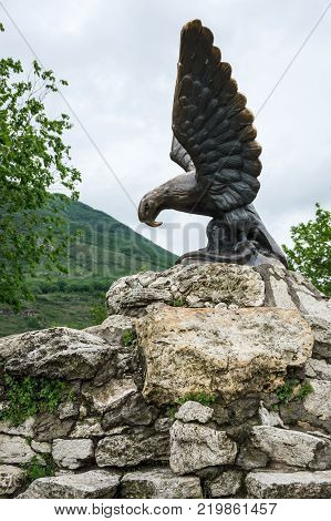 The bronze sculpture of an eagle fighting a snake on a Mashuk mountain Pyatigorsk Russia. Official symbol of the Caucasian Mineral Waters