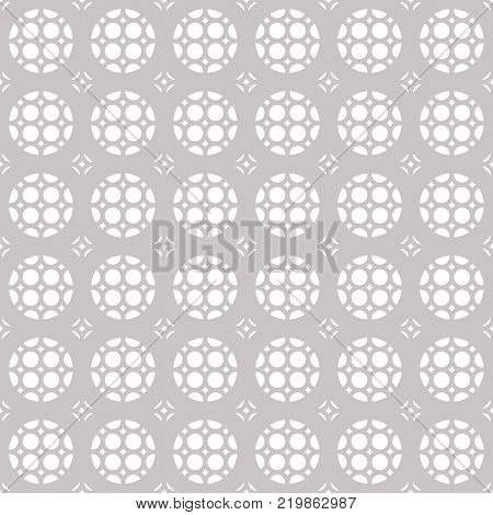 Vector subtle seamless geometric ornament pattern with rounded grid, lattice, perforated surface. White and gray ornamental texture. Abstract subtle silver background pattern, repeat tiles. Delicate subtle design for decor. Stock vector