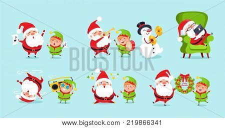 Santa and elf cartoon characters advertisement posters set vector isolated on blue background. Father Christmas and little helper having fun together
