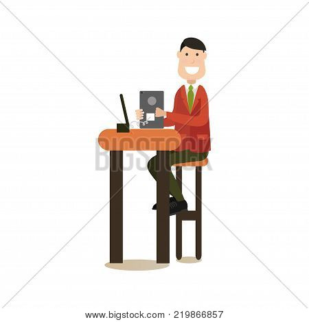 Vector illustration of male using the network in internet cafe or club. Internet people flat style design element, icon isolated on white background.