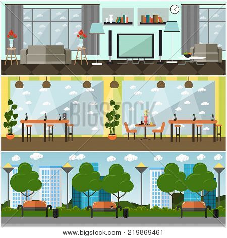 Vector set of internet posters, banners. Internet cafe, park and home interior. Places where people can use different types of internet connections. Flat style design elements.
