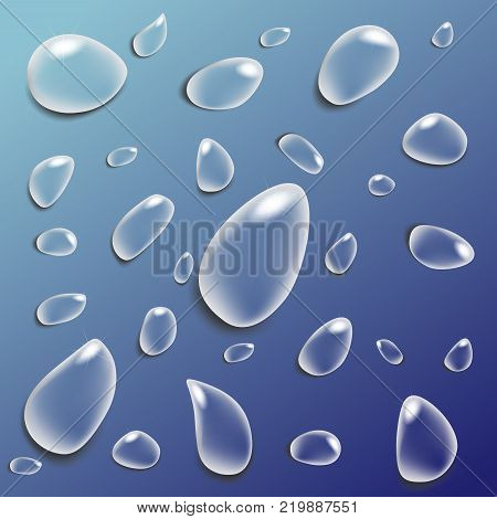 Transparent and realistic water droplets on a blue background. Vector drops of different shapes for your design.