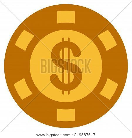 Dollar golden casino chip icon. Vector style is a gold yellow flat gamble token symbol.