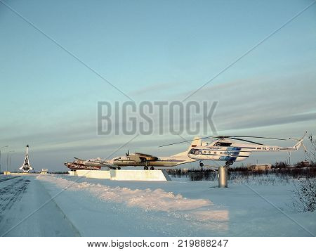 Salekhard, Russia - February 27, 2007: Helicopter on the pedestal. The open-air museum is near the airport of Salekhard city.