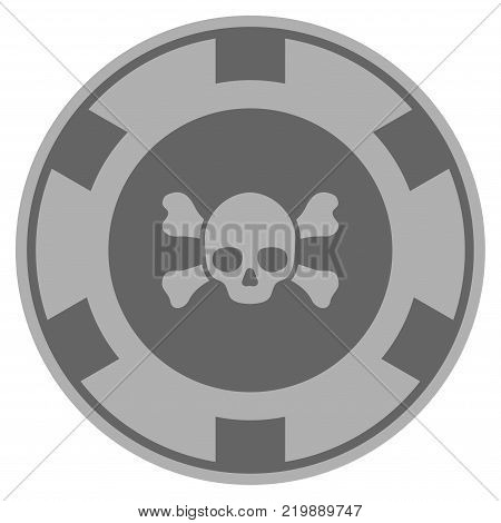 Skull Crossbones grey casino chip pictograph. Vector style is a grey silver flat gambling token item.