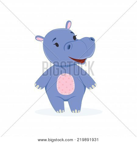 Funny baby hippo character, cute behemoth African animal vector Illustration on a white background