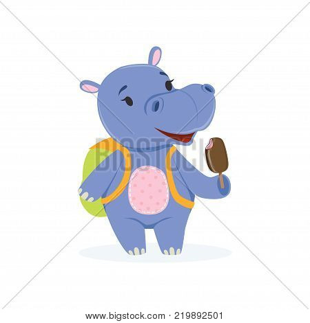Funny baby hippo character with backpack eating ice cream, cute behemoth African animal vector Illustration on a white background