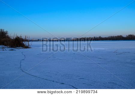 Frozen river Dnieper in city Kremenchug Ukraine