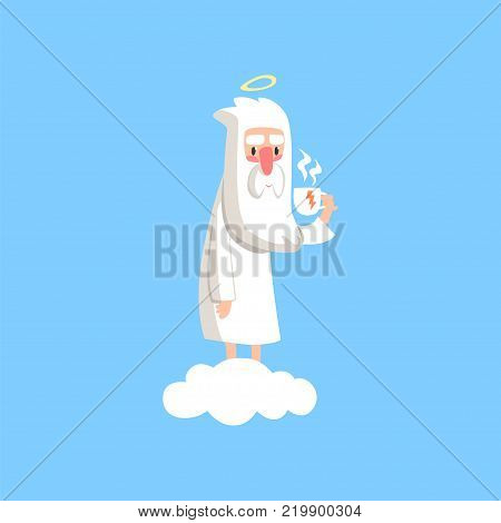Adorable cartoon god character standing on white cloud with cup of tea. Bearded man creator with halo on his head. Illustration of Lord for religious card or print. Flat vector on blue background.