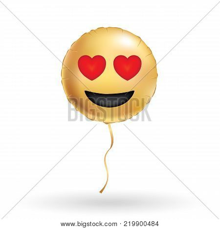 Smile love gold balloons. Golden face bright balloon. Smiley logo, romantic character, valentine's day. 14 february, Valentine Greeting card, motivation design, Laughing face. Humor logotype, positive mood