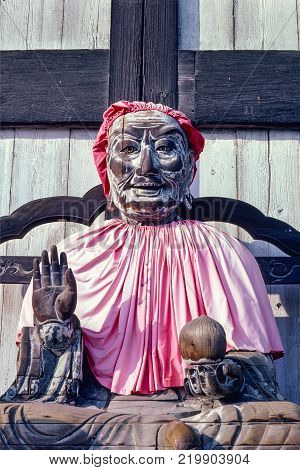 Pindola Bharadvaja wooden Buddhist statue in Nara Todai ji temple  Japan. It was one of 4 Arhats asked by the Buddha to remain in the world to propagate Buddhist law 