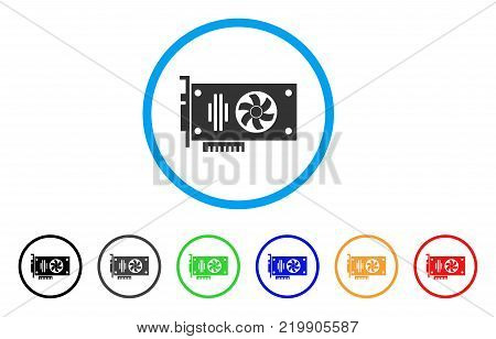 Videocard rounded icon. Style is a flat grey symbol inside light blue circle with additional color versions. Videocard vector designed for web and software interfaces.