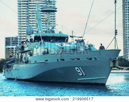 Gold Coast Australia - July 25: Warship Bundaberg visits the Gold Coast. Preparing to dock at Southport Yacht Club Marina on June 25. 2010 in Main Beach Gold Coast Queensland Australia.