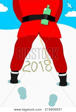 Peeing Santa in snow. A bottle of alcohol. The drunk man. Caricature