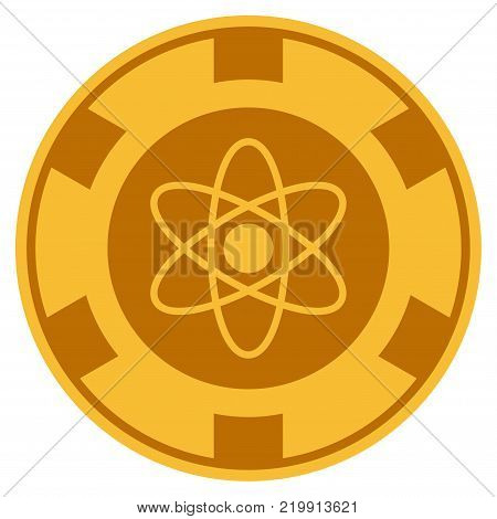Atom golden casino chip pictograph. Vector style is a gold yellow flat gamble token symbol.