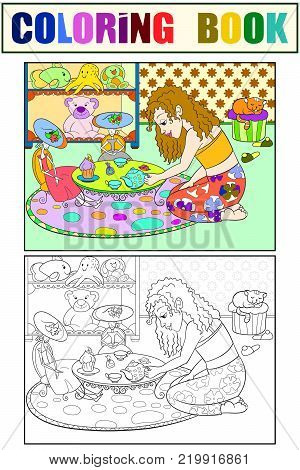 Children coloring vector girl in childrens room playing with dolls. white, black and color