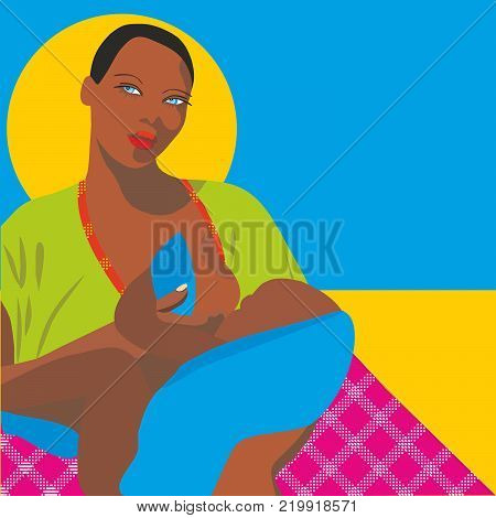 n african woman and her child on the bright desert landscape with blue sky and sun