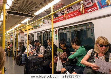 Bangkok THAILAND - December 5 2017: Unidentified Passengers Using BTS Skytrain Transportation.