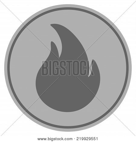 Fire silver coin icon. Vector style is a silver gray flat coin symbol.