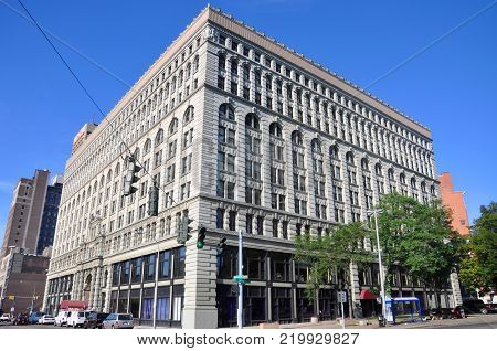 BUFFALO, NY, USA - JULY 22, 2011: Ellicott Square Building was built in 1896 on Main Street in downtown Buffalo, New York, USA.