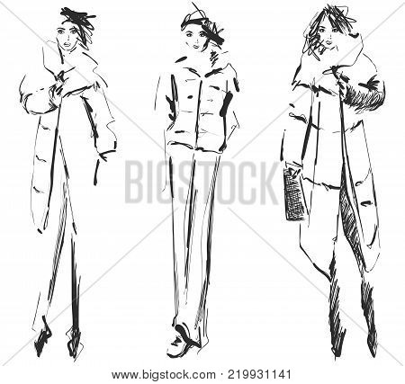 Hand drawn cute winter, fashion sketch, cartoon girl. Vector illustration.