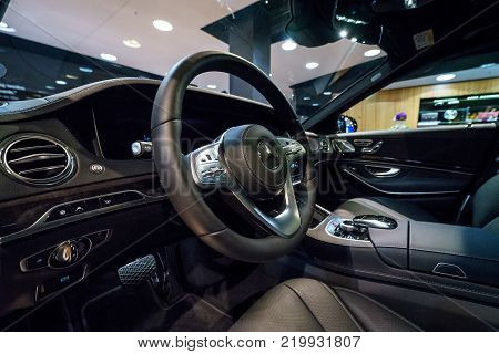 BERLIN - DECEMBER 21, 2017: Showroom. Interior of the full-size luxury car Mercedes-Benz S-Class S350d (W222 Facelift). Since 2017.