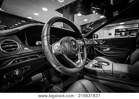 BERLIN - DECEMBER 21, 2017: Showroom. Interior of the full-size luxury car Mercedes-Benz S-Class S350d (W222 Facelift). Black and white. Since 2017.