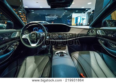 BERLIN - DECEMBER 21, 2017: Showroom. Interior of the full-size luxury car Mercedes-Benz S-Class S350d (W222 Facelift). Since 2017.