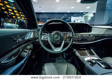 BERLIN - DECEMBER 21, 2017: Showroom. Interior of the full-size luxury car Mercedes-Benz S-Class S350d (W222 Facelift). Since 2017.