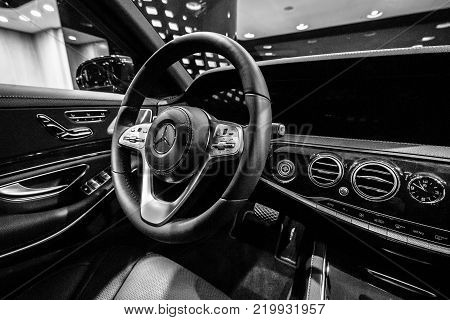 BERLIN - DECEMBER 21, 2017: Showroom. Interior of the full-size luxury car Mercedes-Benz S-Class S350d (W222 Facelift). Black and white. Since 2017.
