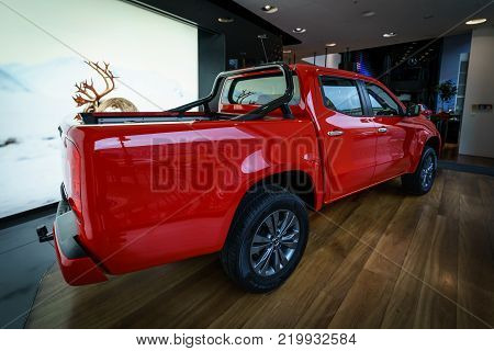 BERLIN - DECEMBER 21, 2017: Showroom. Mid-size luxury pickup truck Mercedes-Benz X-Class X220d 4Matic. Since 2017.