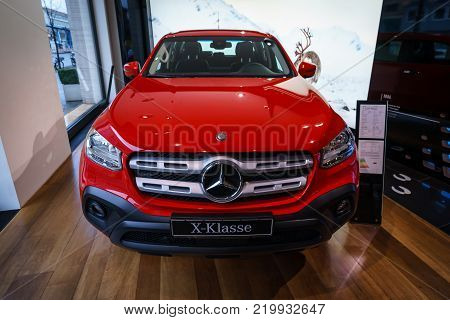 BERLIN - DECEMBER 21, 2017: Showroom. Mid-size luxury pickup truck Mercedes-Benz X-Class X220d 4Matic. Since 2017.