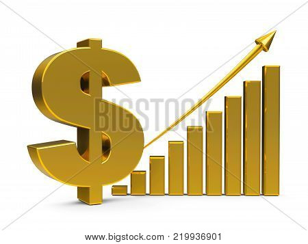 Gold business graph with arrow up and dollar sign represents the growth of dollar rate, three-dimensional rendering, 3D illustration