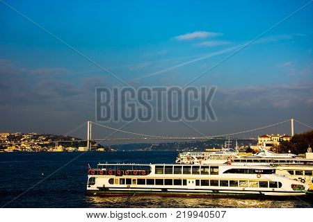 harbor at the Uskudar and Bosphorus bridge during the day