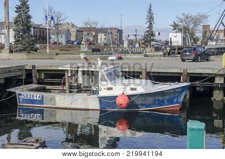 New Bedford, Massachusetts, USA - December 26, 2017: Heavily modified cabin on fishing boat Honi-do on New Bedford waterfront