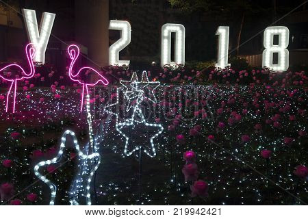 BANGKOK , THAILAND - DECEMBER 14 , 2017 : Flower and star light decorated beautiful New Year Celebration 2018 at Esplanade Cineflex for Happy New Year event in Bangkok city,Thailand.