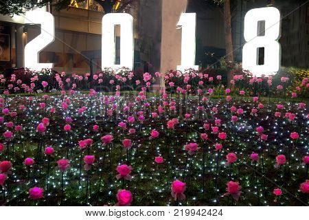 BANGKOK , THAILAND - DECEMBER 14 , 2017 : Flower and star light decorated beautiful New Year Celebration 2018 at Esplanade Cineflex for Happy New Year event in Bangkok city,Thailand.