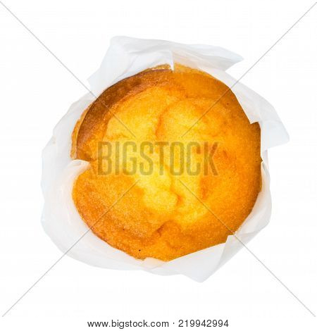 Closeup of a Magdalena Typical Spanish Plain Muffin. Sweet Food or Dessert. Three Fresh Baked Muffin Isolated on White Background in American Style. Irresistible Tasty Cake.