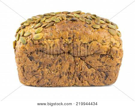 Freshly baked bread from wheat flour with sunflower seeds, pumpkin, sesame isolated on a white background. Baking for a healthy diet.
