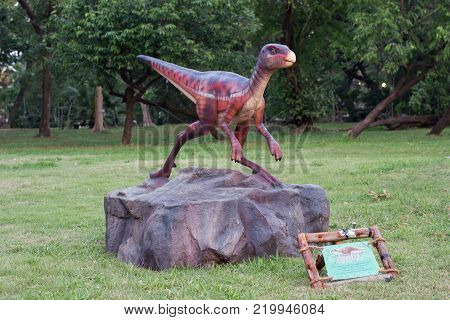 Lumpini Park Bangkok Thailand: January 22, 2017:-  Dinosaur Exhibition Simulation at Public Park dinosaur simulation at park outdoor Lumpini Park for children and family learning and travel