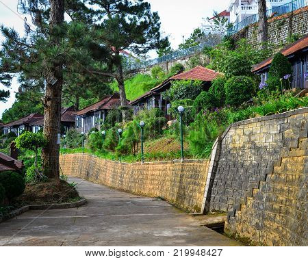 Dalat, Vietnam - Nov 25, 2017. Wooden houses of luxury resort in Dalat, Vietnam. The architecture of Dalat is dominated by the style of the French colonial period.