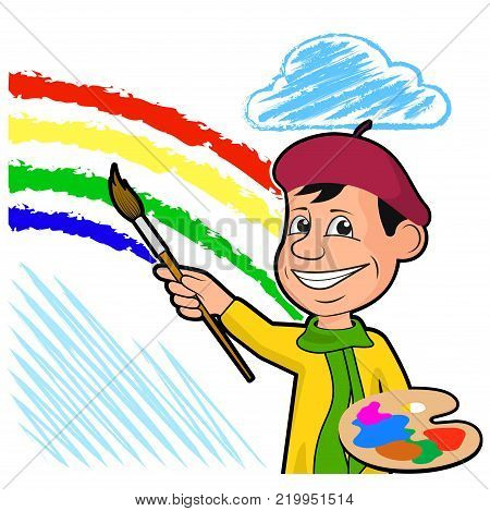 On the image presented Сheerful artist draws a rainbow among the clouds.