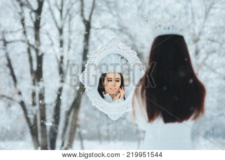 Snow Queen Looking in Magic Mirror Winter Frost Fantasy Portrait