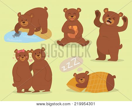 Cartoon bear character teddy pose vector set wild grizzly cute illustration adorable animal design. Friendly zoo cheerful mascot.