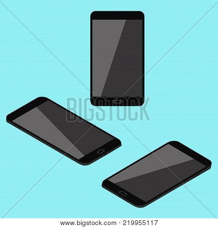 Cell phone. Flat isometric. Modern technologies of communication and management. Black smart-phone. Touchscreen display. Vector illustration.